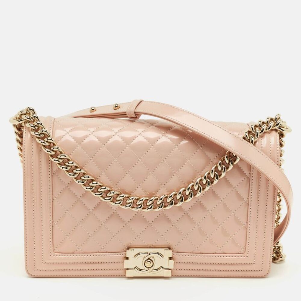 Chanel Boy New Medium Metallic Pink Quilted Patent Leather Flap Bag